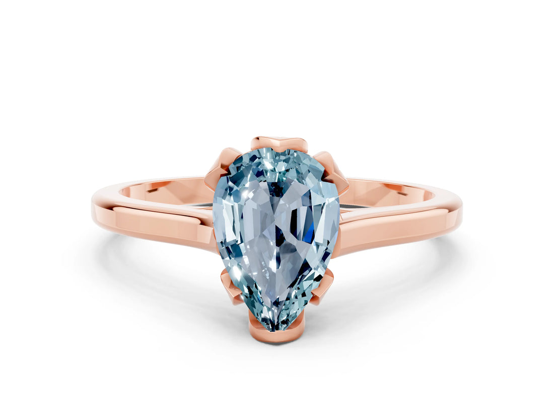 Rose gold Pear Cut Aquamarine Solitaire Ring with Flower Prong Setting and Classic Band_12