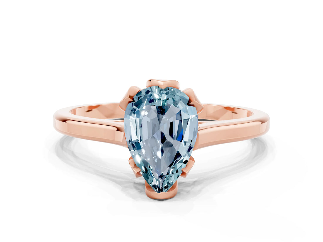 Rose gold Pear Cut Aquamarine Solitaire Ring with Flower Prong Setting and Classic Band_36
