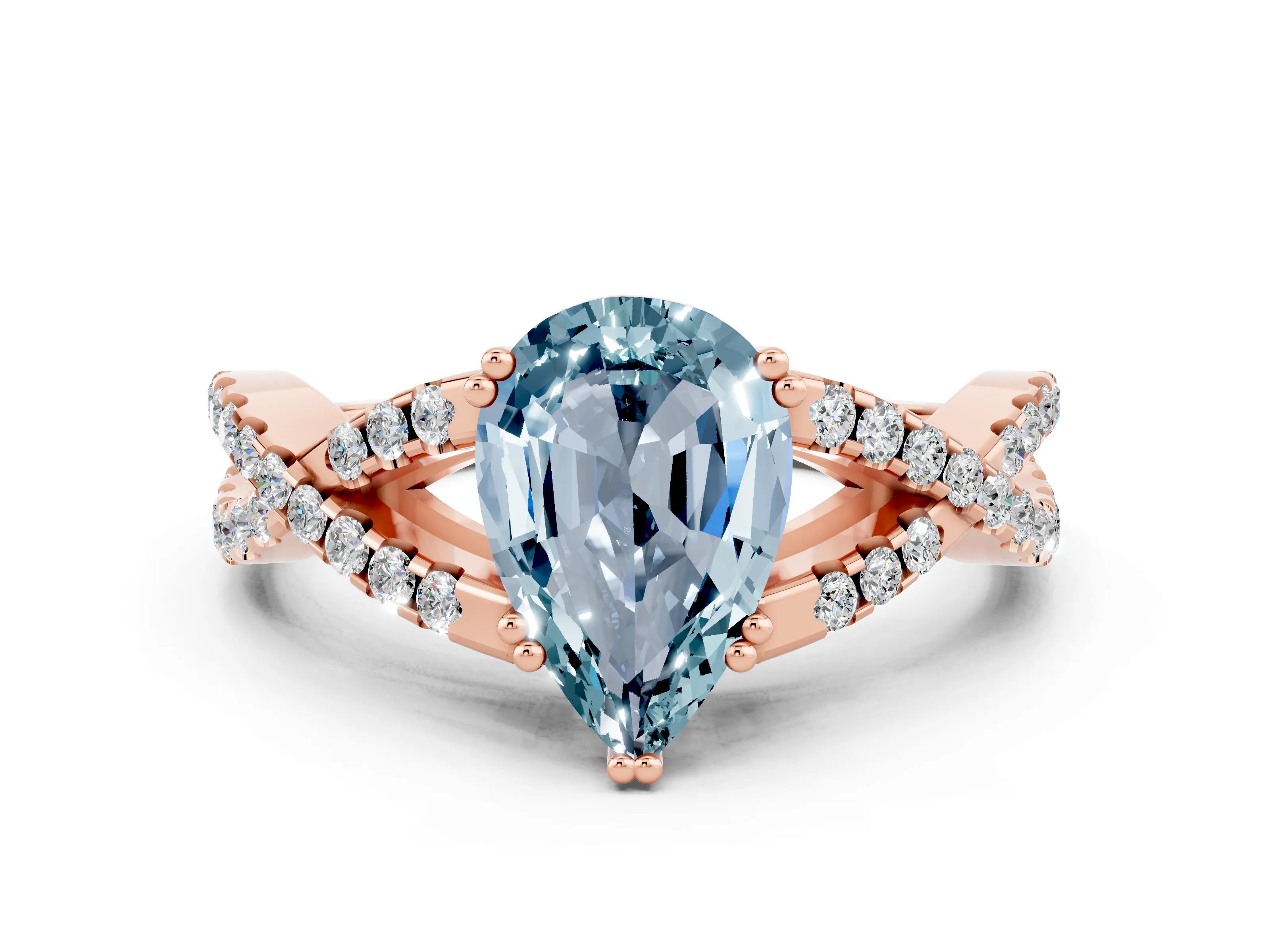 Rose gold Pear Cut Aquamarine Solitaire Ring with Four-Prong Setting and Twisted Pavé Band