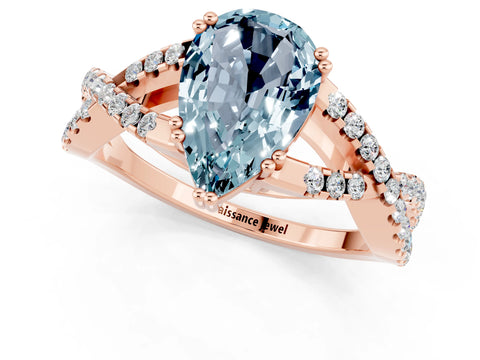 Rose gold Pear Cut Aquamarine Solitaire Ring with Four-Prong Setting and Twisted Pavé Band_1