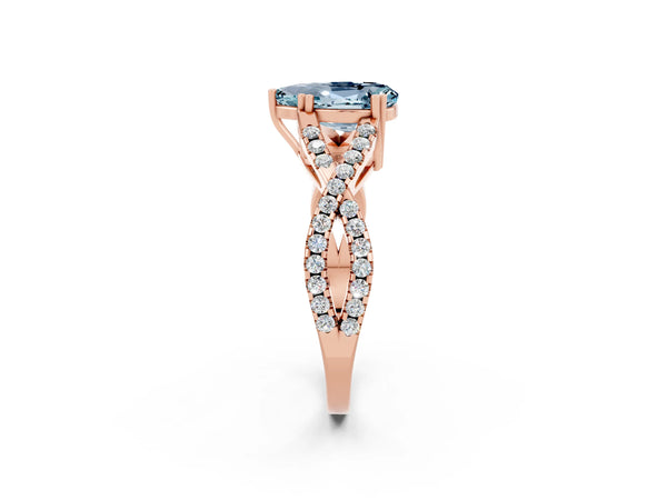 Rose gold Pear Cut Aquamarine Solitaire Ring with Four-Prong Setting and Twisted Pavé Band