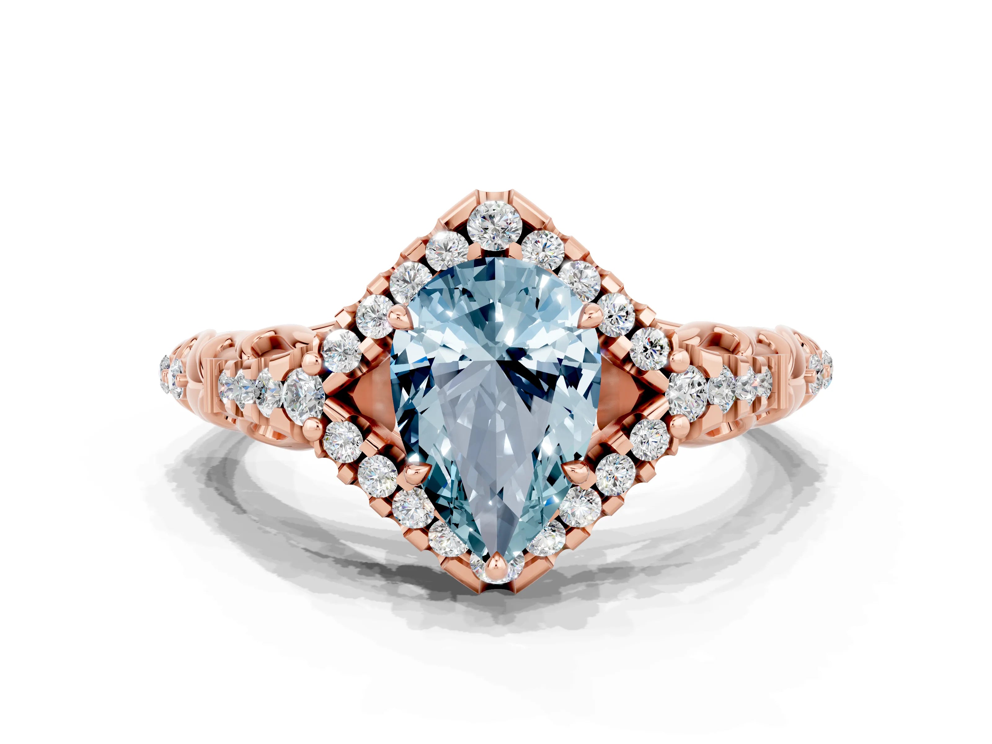 Rose gold Pear Cut Aquamarine Solitaire Ring with Hidden Halo and Pavé Band_12
