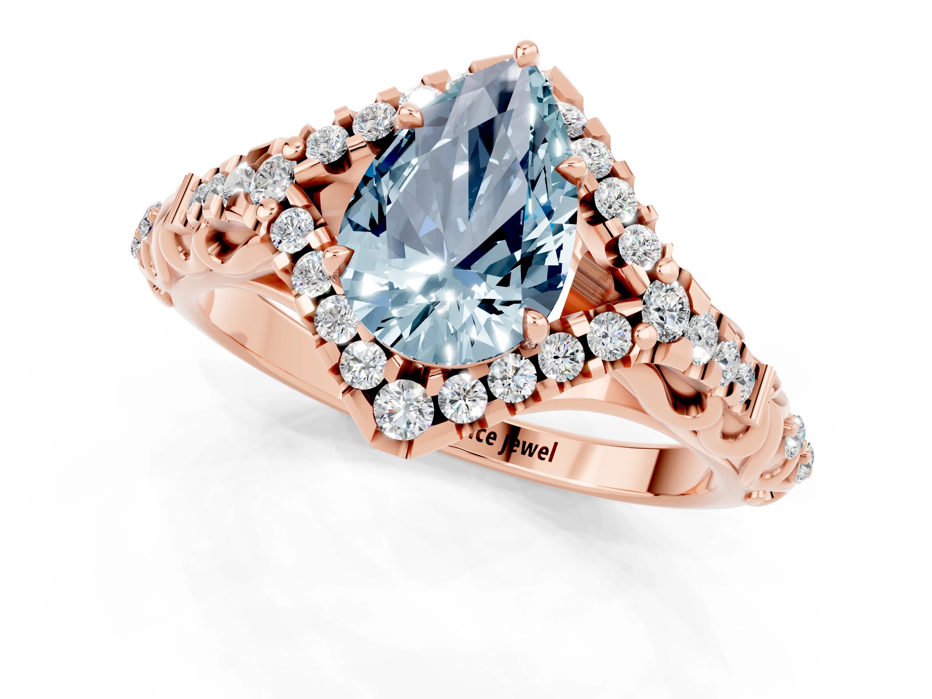 Rose gold Pear Cut Aquamarine Solitaire Ring with Hidden Halo and Pavé Band_13