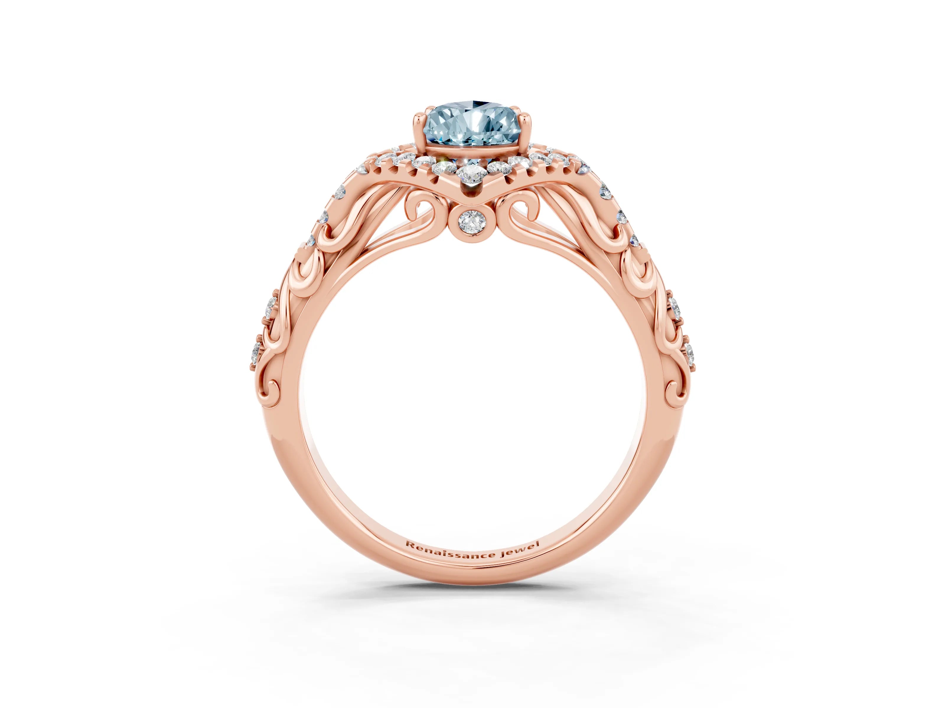 Rose gold Pear Cut Aquamarine Solitaire Ring with Hidden Halo and Pavé Band_15