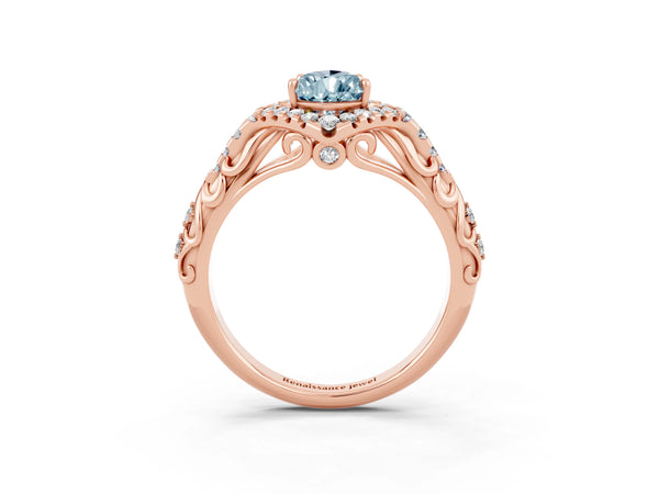 Rose gold Pear Cut Aquamarine Solitaire Ring with Hidden Halo and Pavé Band