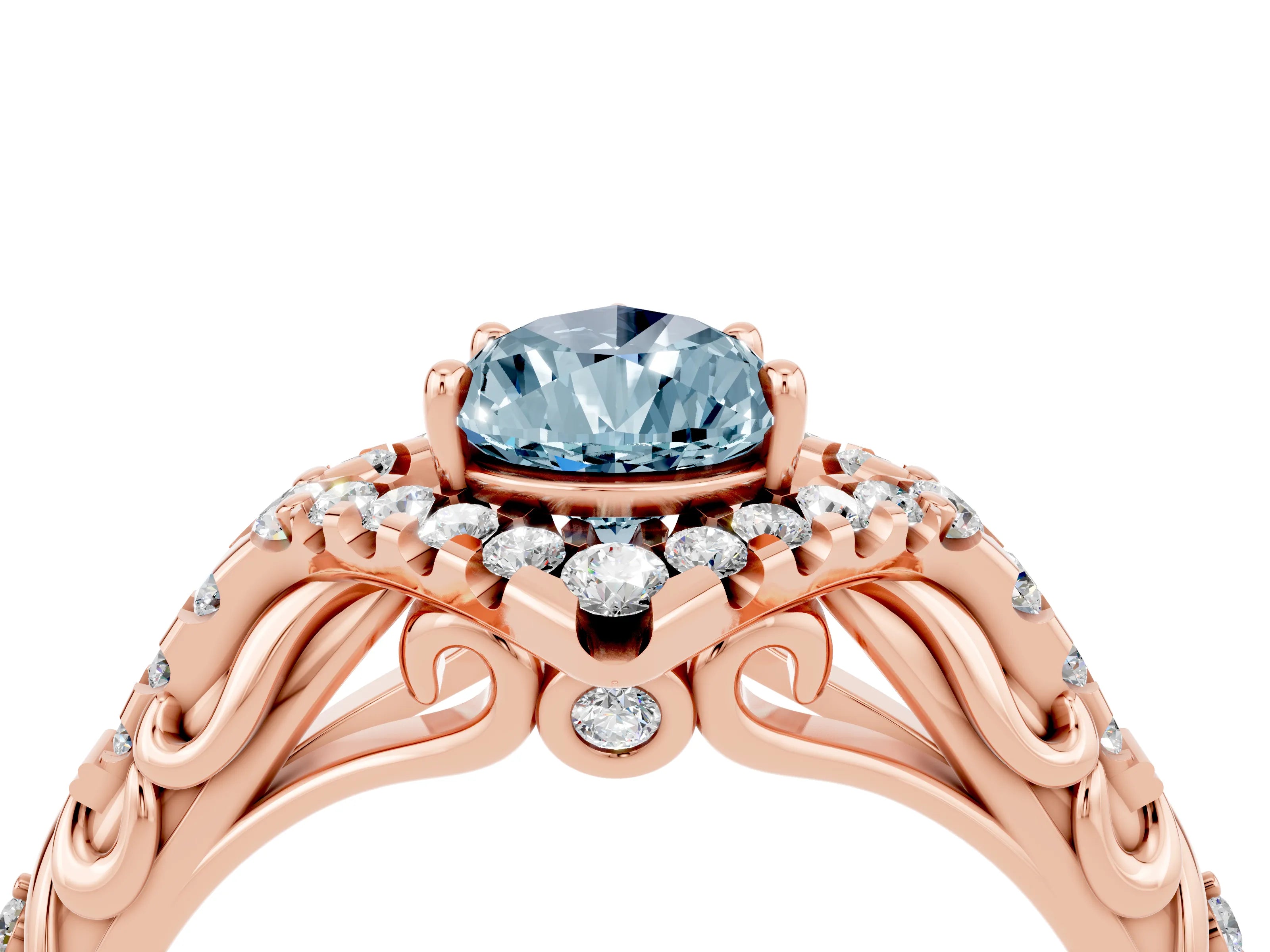 Rose gold Pear Cut Aquamarine Solitaire Ring with Hidden Halo and Pavé Band_16