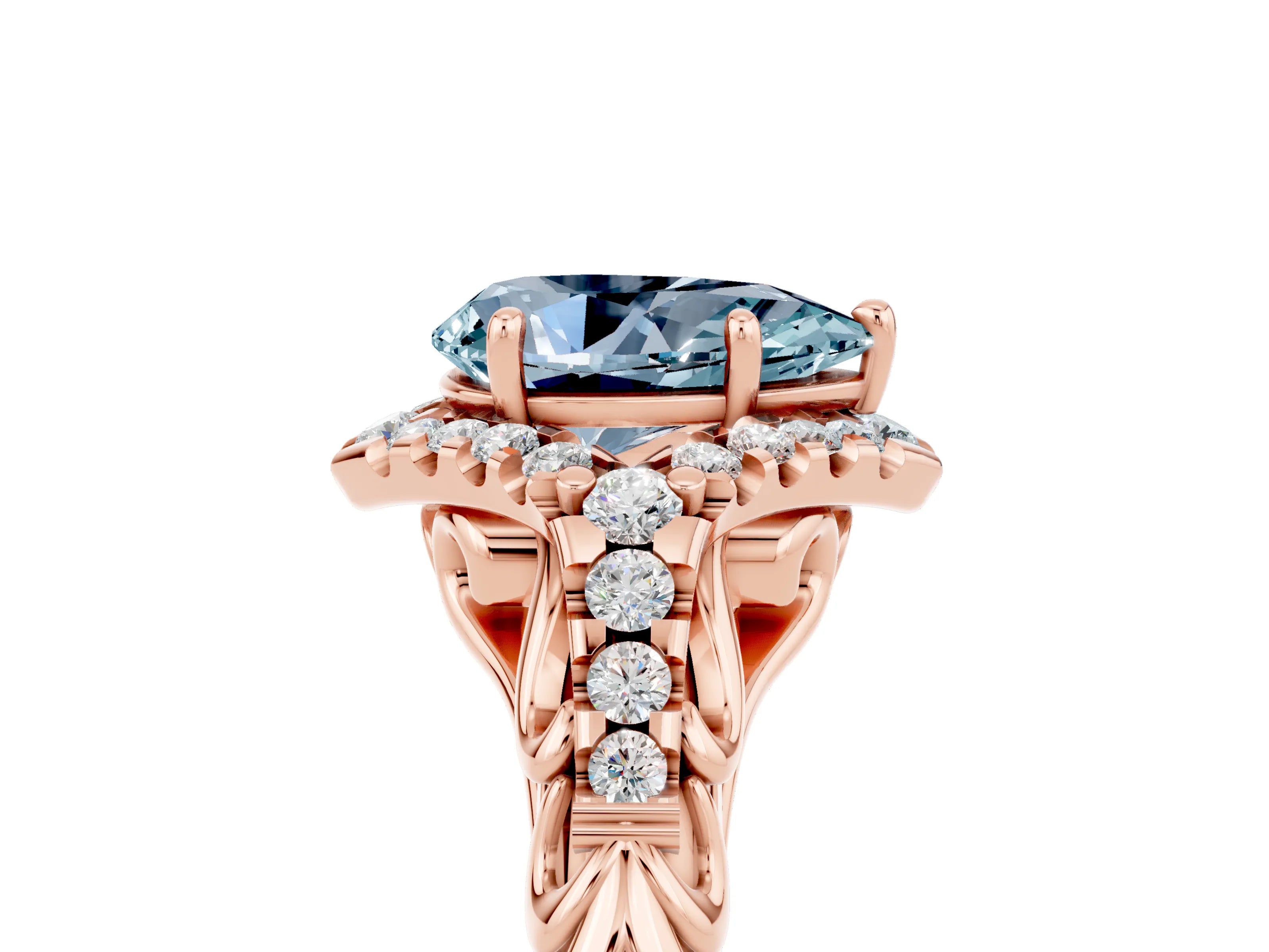 Rose gold Pear Cut Aquamarine Solitaire Ring with Hidden Halo and Pavé Band_17