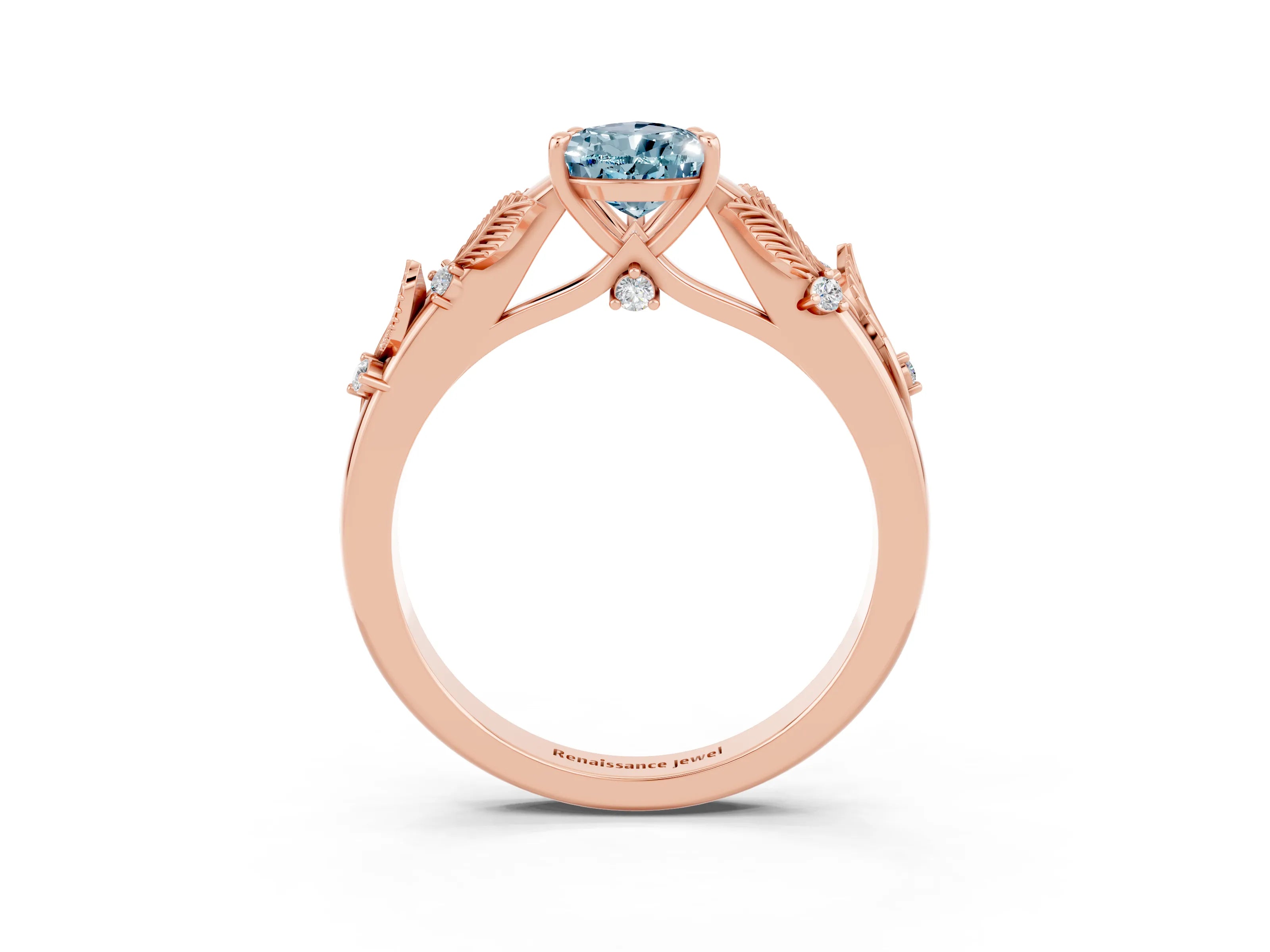 Rose gold Pear Cut Aquamarine Solitaire Ring with Leaf Motif Band and Four-Prong Setting_3