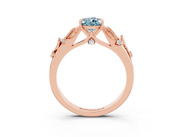 Rose gold Pear Cut Aquamarine Solitaire Ring with Leaf Motif Band and Four-Prong Setting