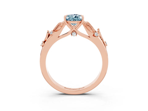 Rose gold Pear Cut Aquamarine Solitaire Ring with Leaf Motif Band and Four-Prong Setting_3