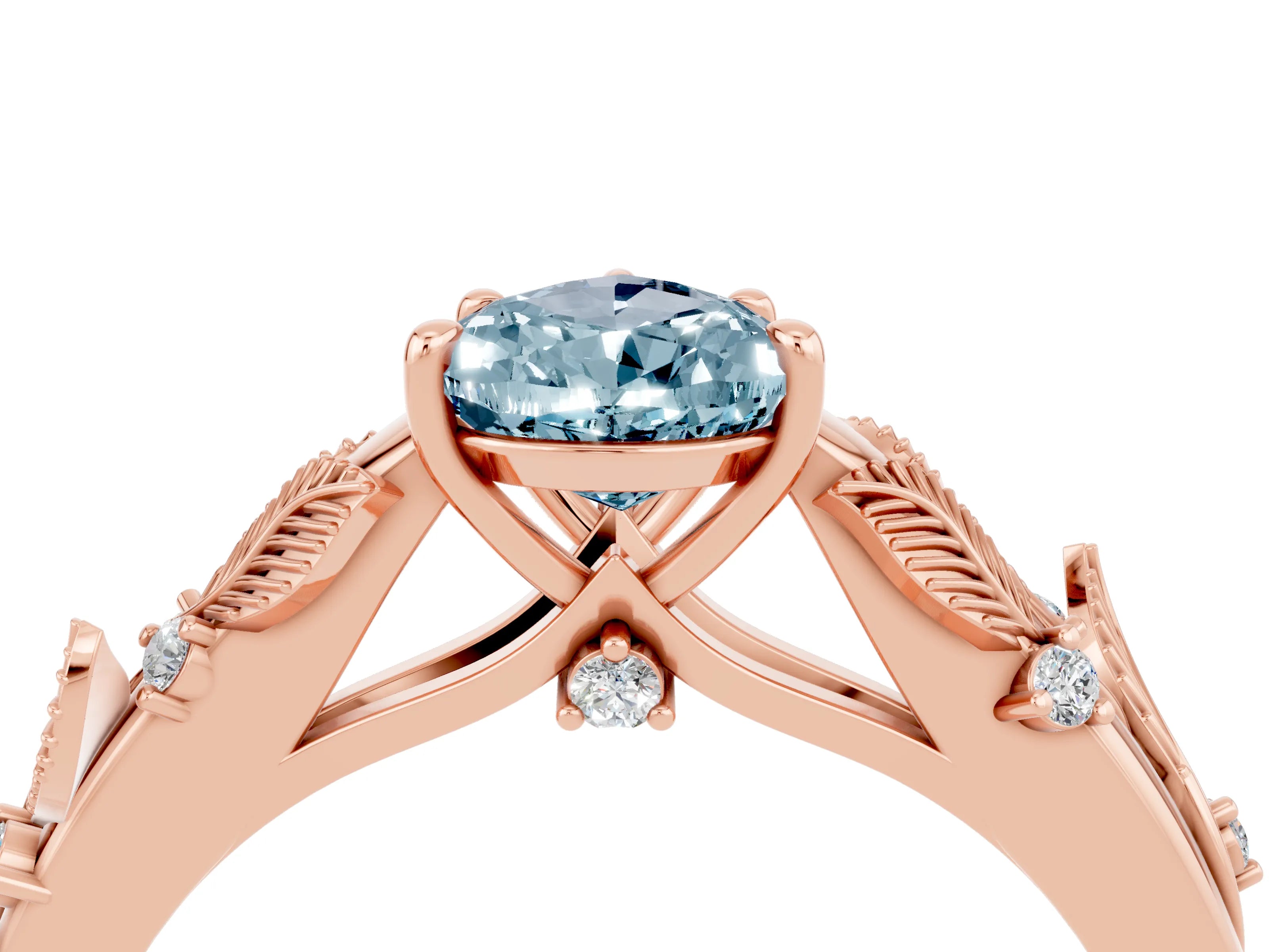 Rose gold Pear Cut Aquamarine Solitaire Ring with Leaf Motif Band and Four-Prong Setting_4