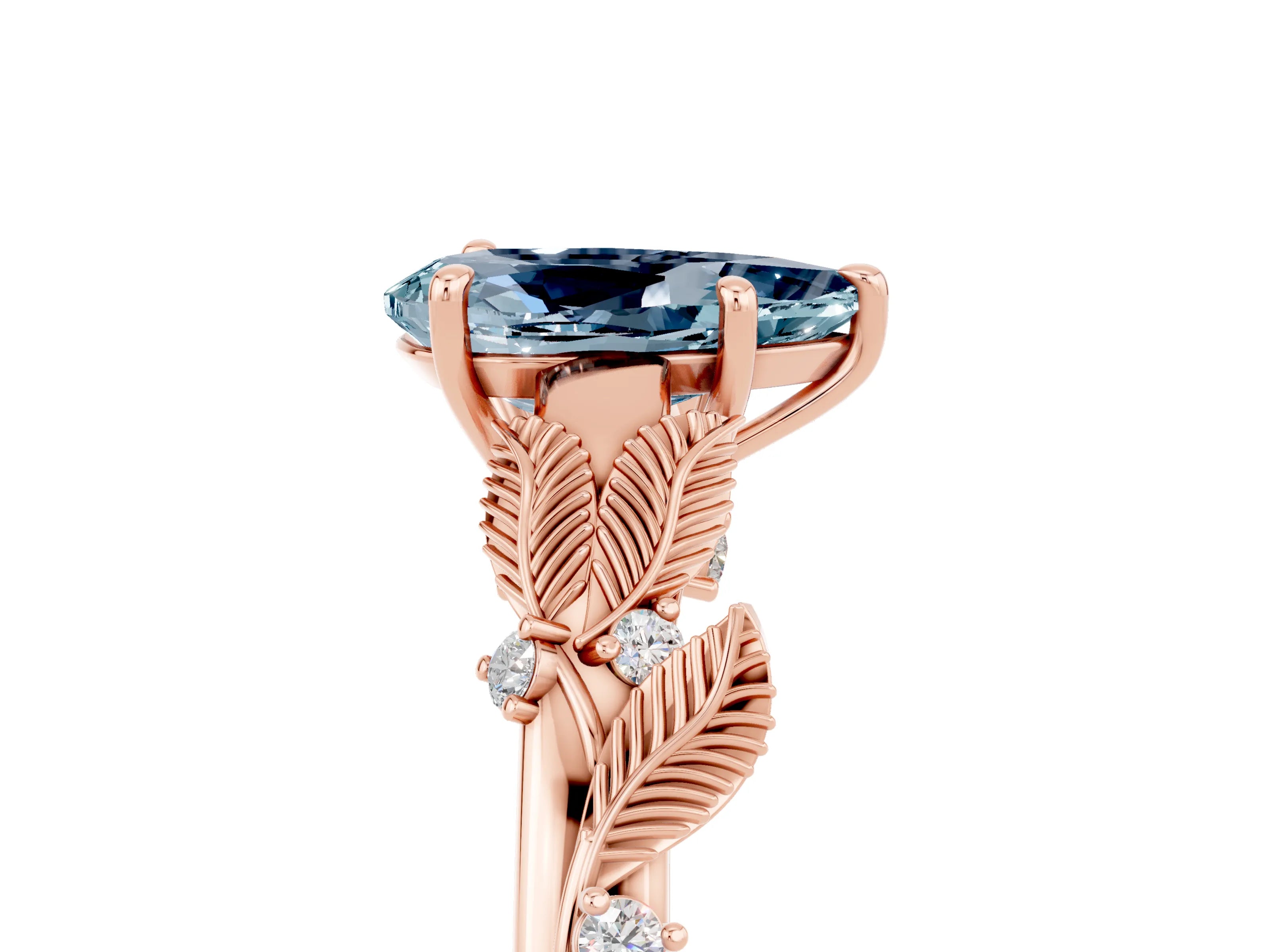 Rose gold Pear Cut Aquamarine Solitaire Ring with Leaf Motif Band and Four-Prong Setting_5