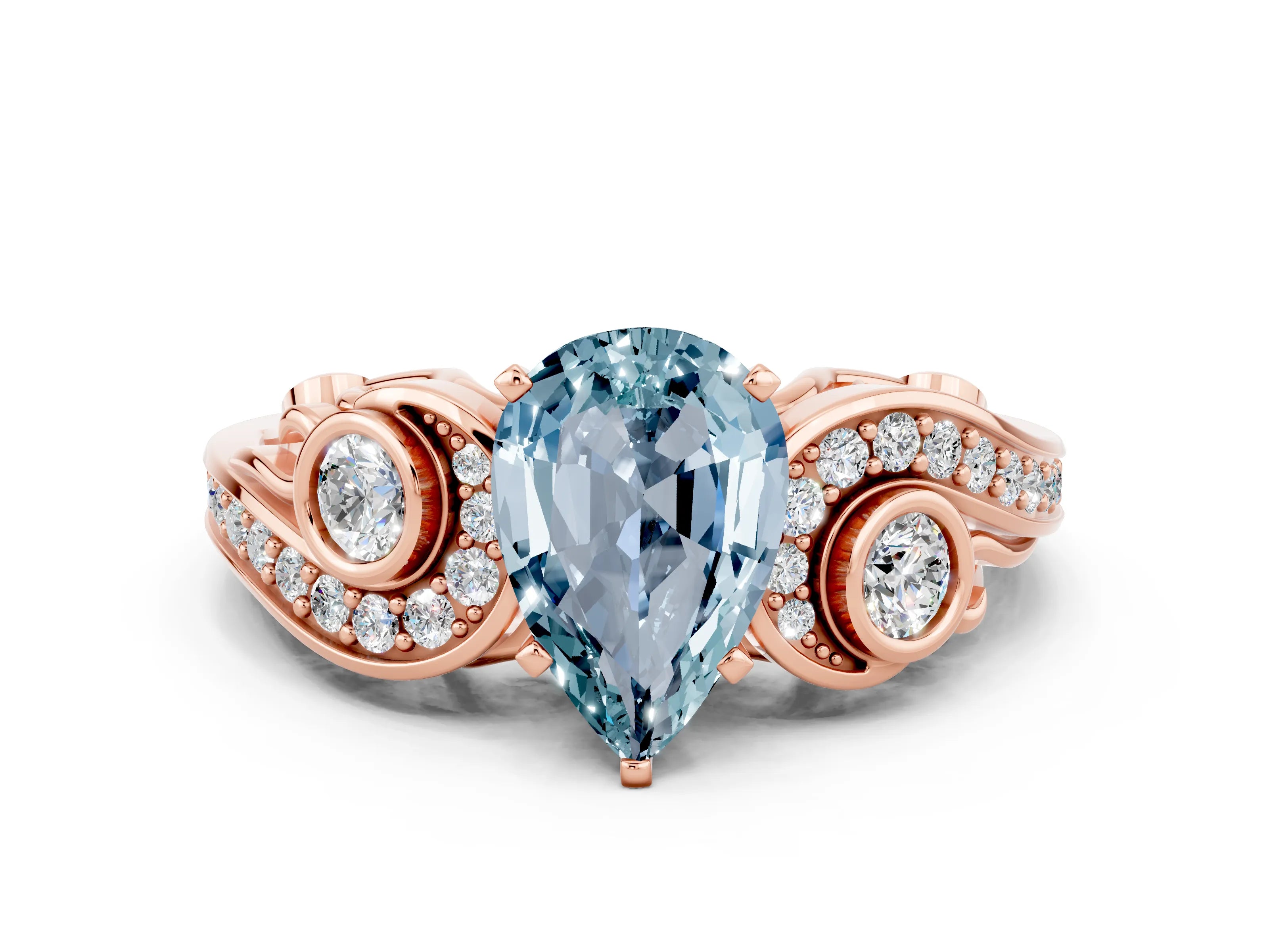 Rose gold Pear Cut Aquamarine Solitaire Ring with Milgrain Pavé Band and Four-Prong Setting_24