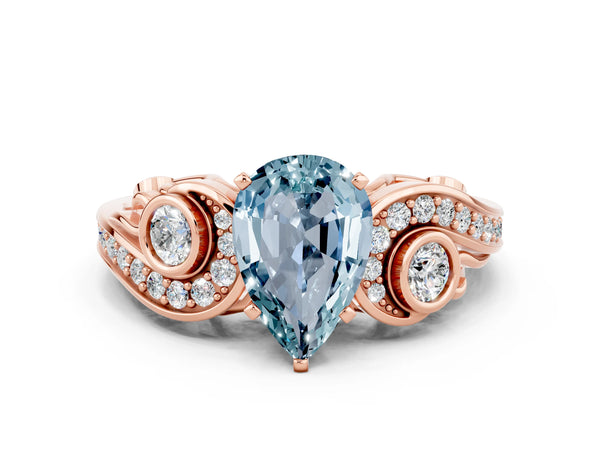 Rose gold Pear Cut Aquamarine Solitaire Ring with Milgrain Pavé Band and Four-Prong Setting
