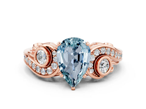 Rose gold Pear Cut Aquamarine Solitaire Ring with Milgrain Pavé Band and Four-Prong Setting_24