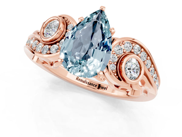 Rose gold Pear Cut Aquamarine Solitaire Ring with Milgrain Pavé Band and Four-Prong Setting