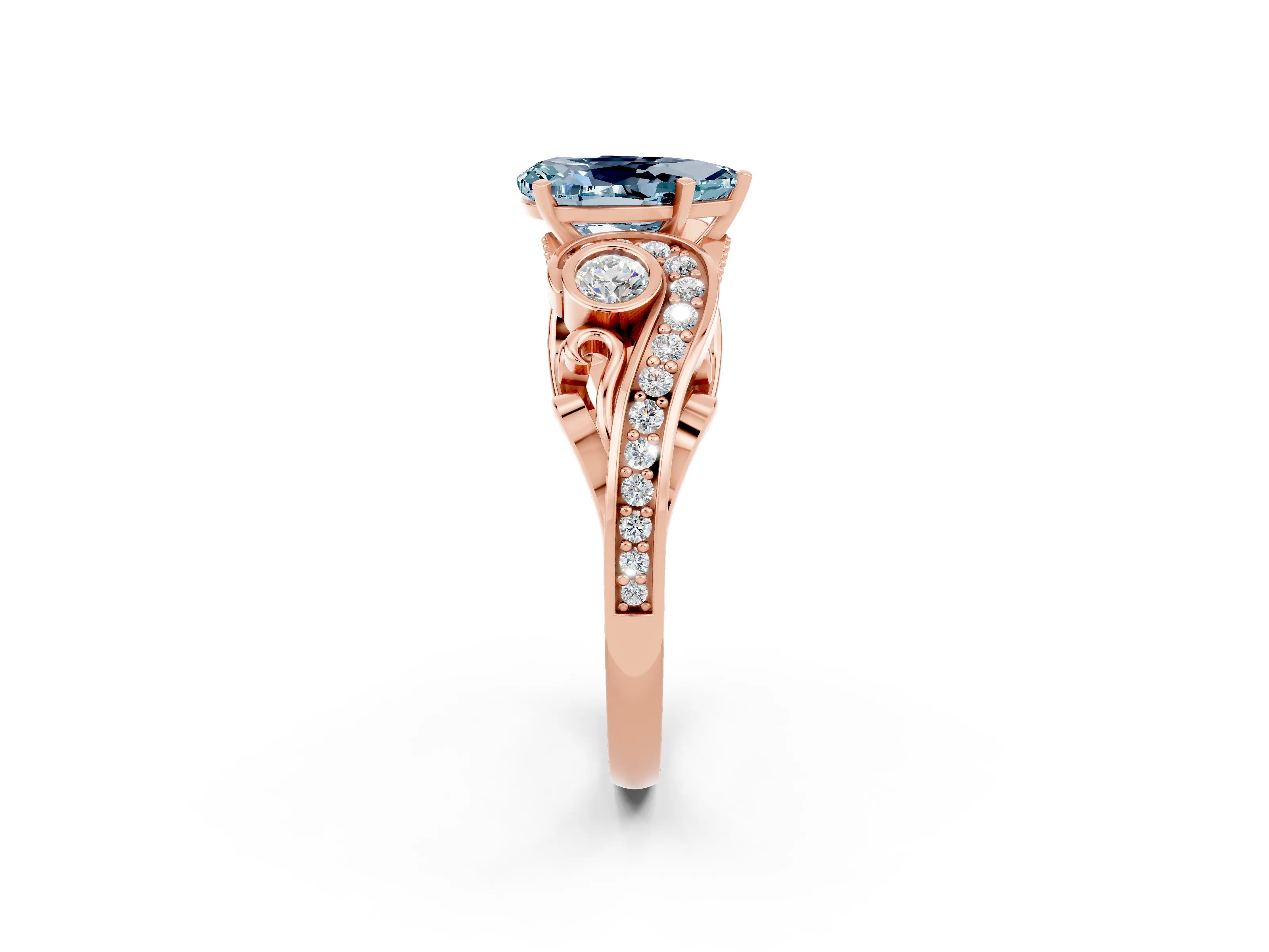 Rose gold Pear Cut Aquamarine Solitaire Ring with Milgrain Pavé Band and Four-Prong Setting_26