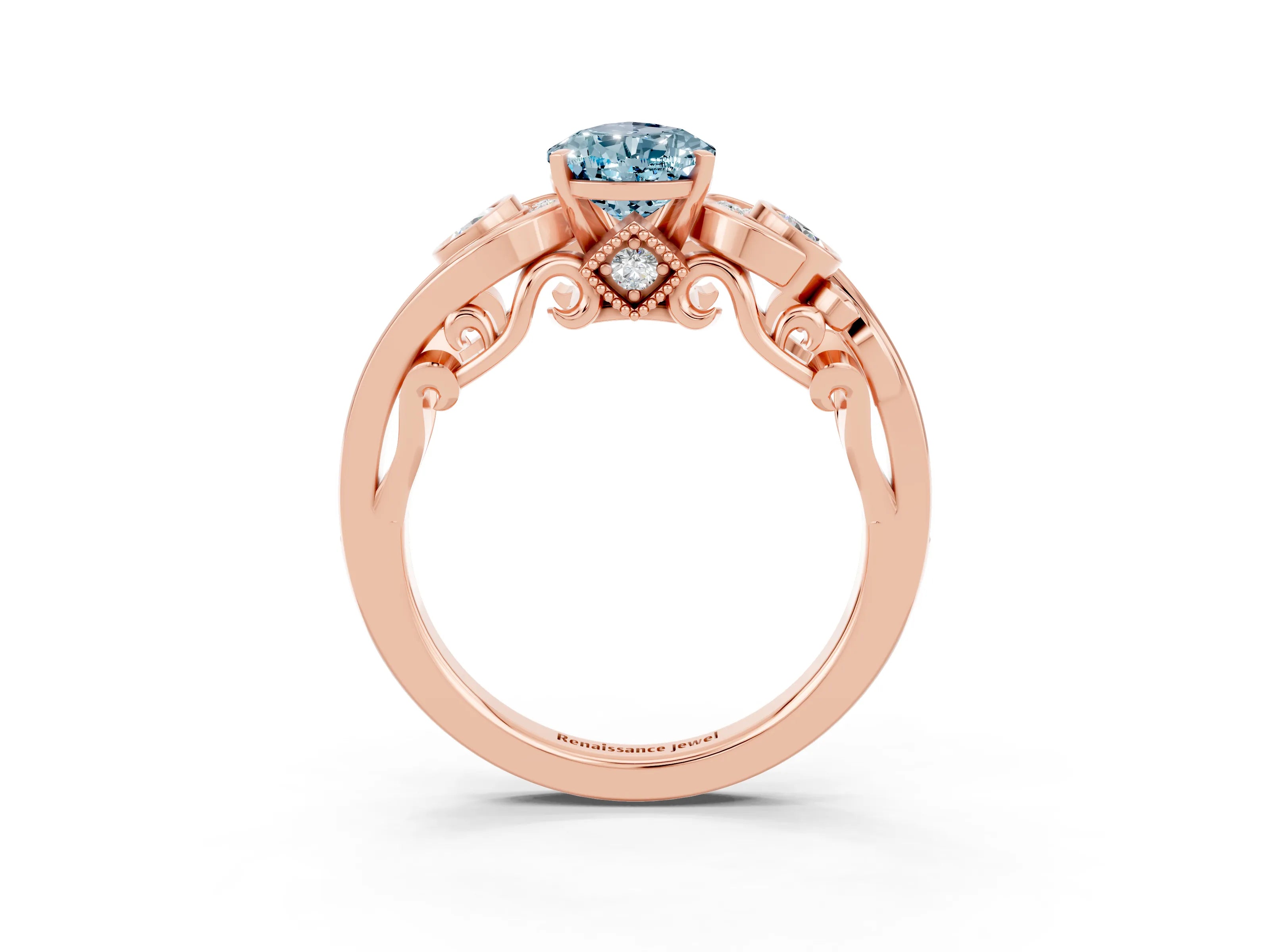 Rose gold Pear Cut Aquamarine Solitaire Ring with Milgrain Pavé Band and Four-Prong Setting_27