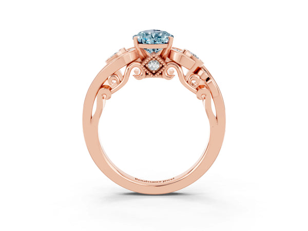 Rose gold Pear Cut Aquamarine Solitaire Ring with Milgrain Pavé Band and Four-Prong Setting