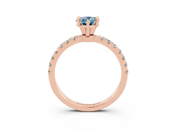 Rose gold Pear Cut Aquamarine Solitaire Ring with Pavé Accents and Four-Prong Setting