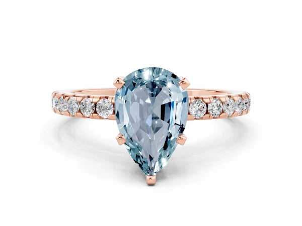 Rose gold Pear Cut Aquamarine Solitaire Ring with Round  Pavé Band and Four-Prong Setting