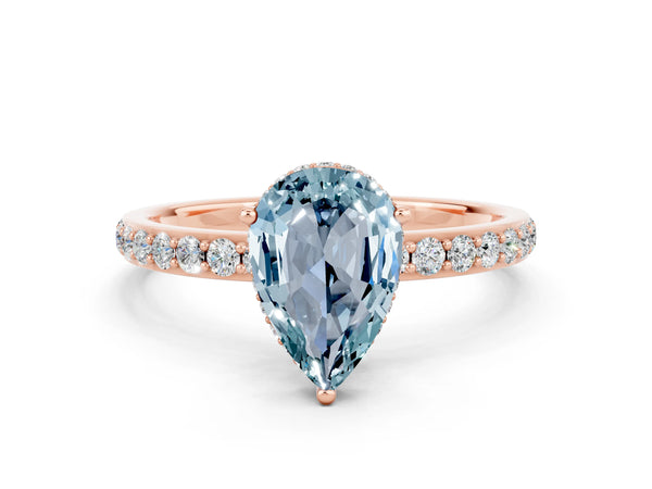 Rose gold Pear Cut Aquamarine Solitaire Ring with Pavé Band and Hidden Halo