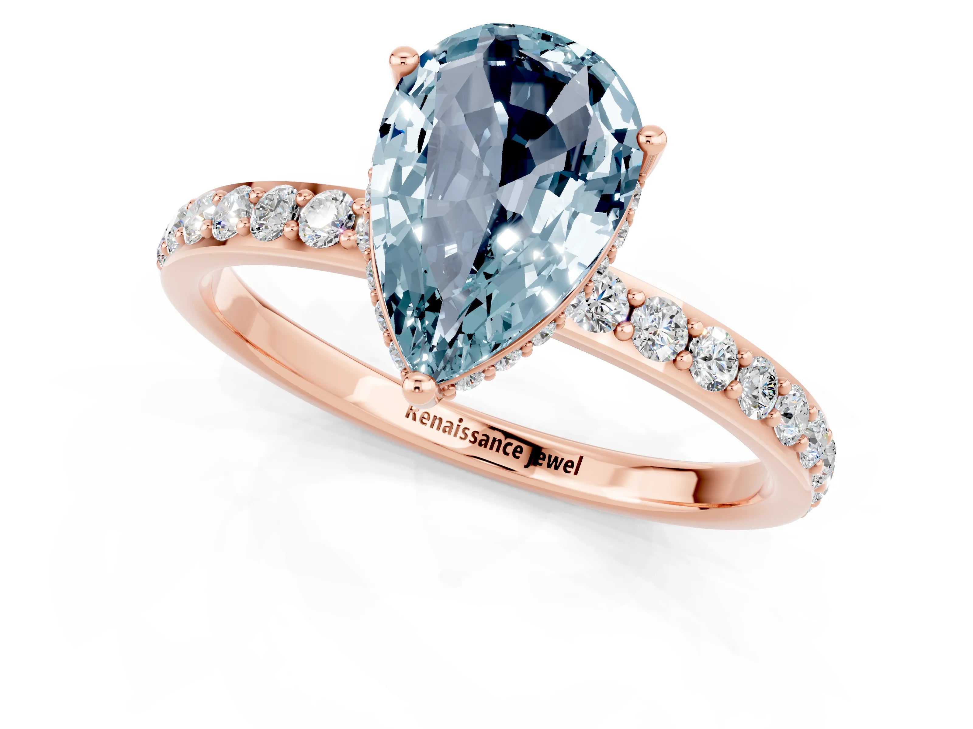 Rose gold Pear Cut Aquamarine Solitaire Ring with Pavé Band and Hidden Halo_13