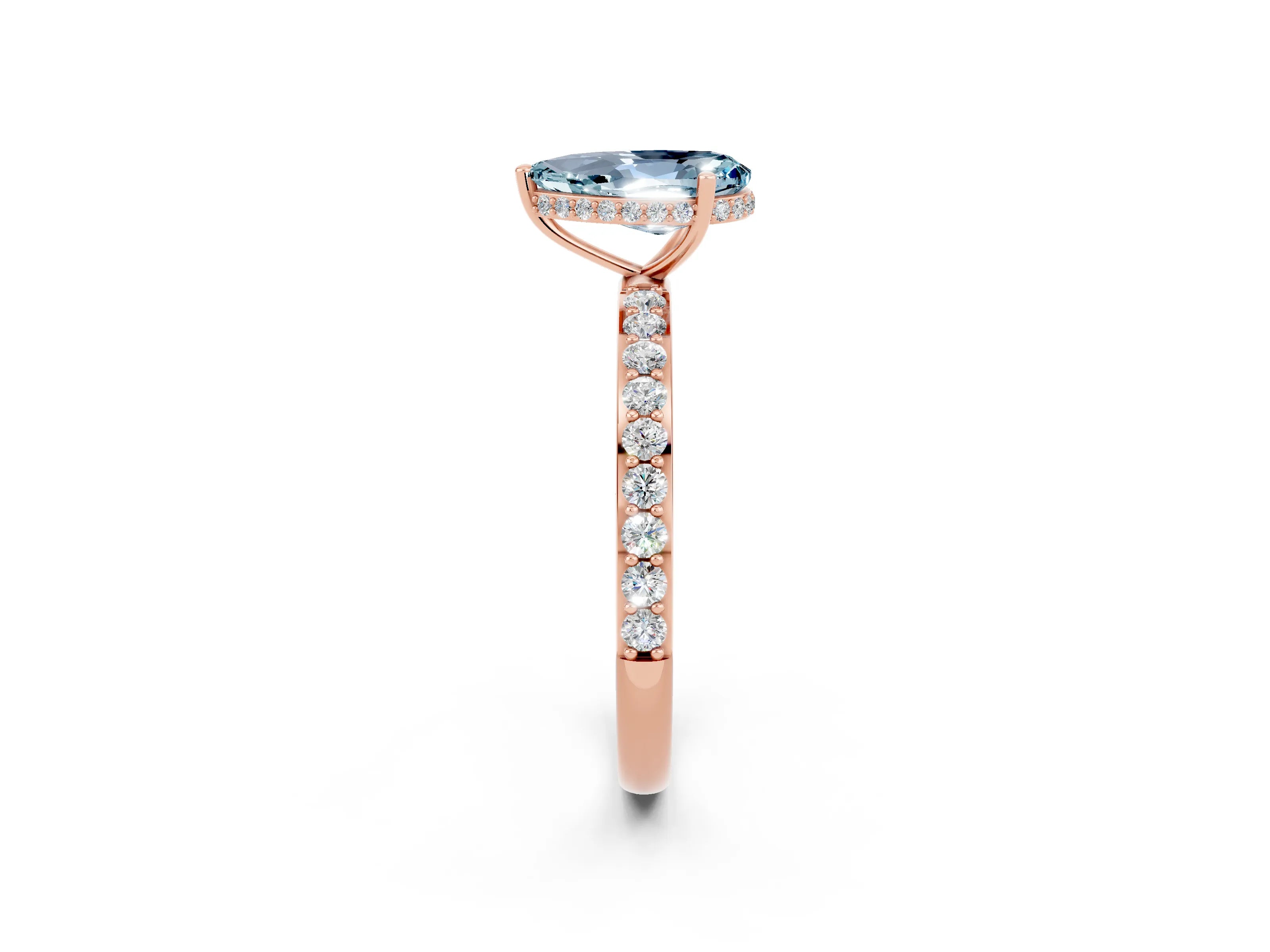 Rose gold Pear Cut Aquamarine Solitaire Ring with Pavé Band and Hidden Halo_14
