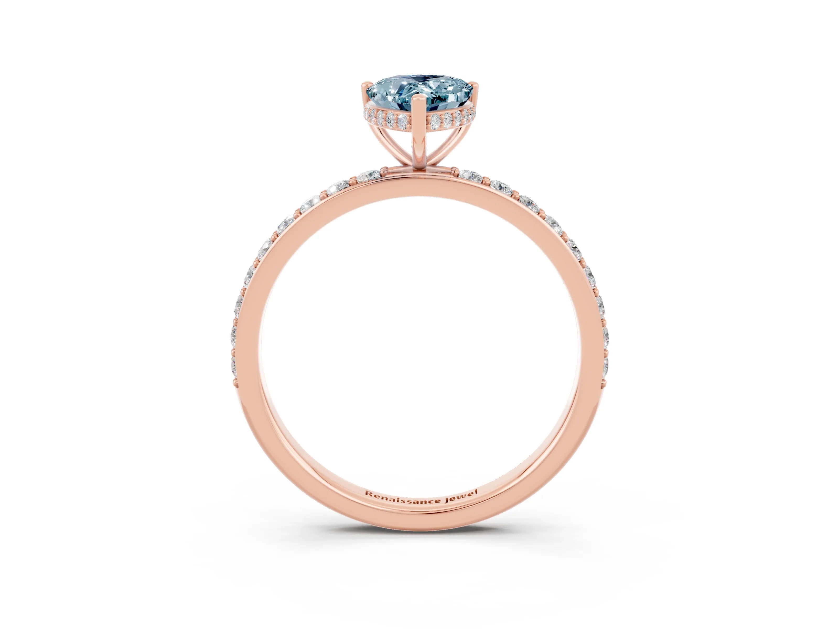 Rose gold Pear Cut Aquamarine Solitaire Ring with Pavé Band and Hidden Halo_15