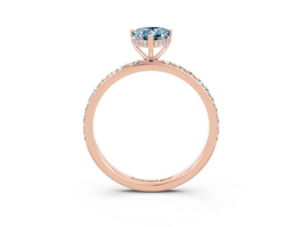 Rose gold Pear Cut Aquamarine Solitaire Ring with Pavé Band and Hidden Halo