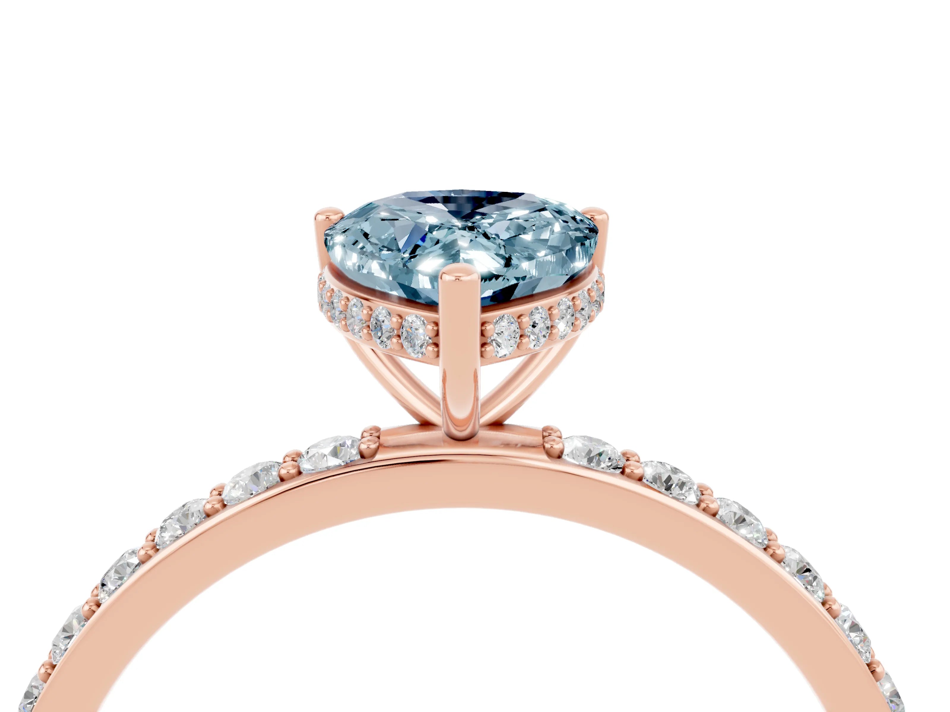 Rose gold Pear Cut Aquamarine Solitaire Ring with Pavé Band and Hidden Halo_16