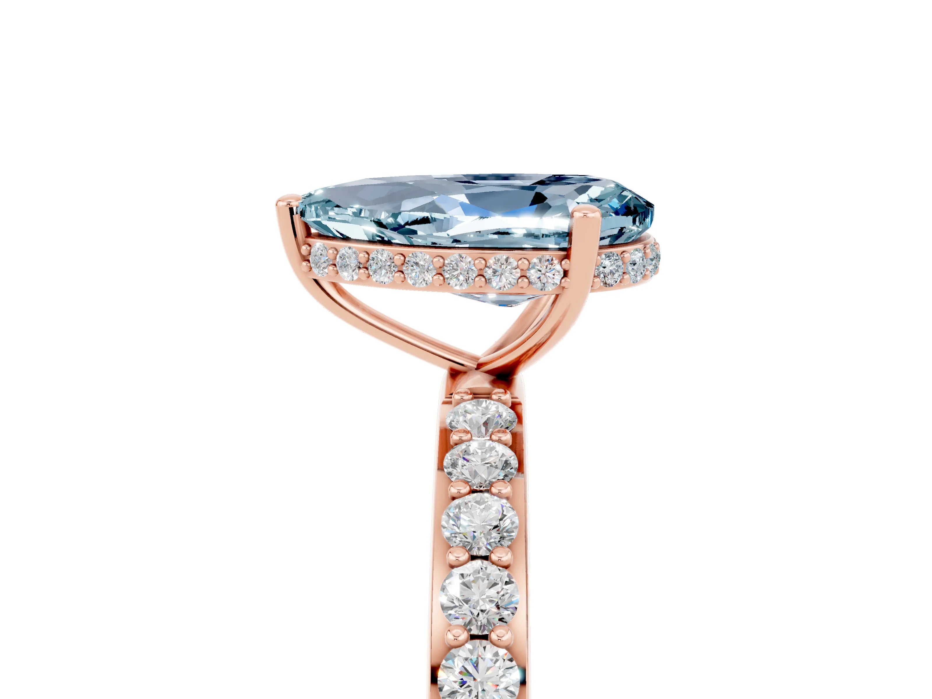 Rose gold Pear Cut Aquamarine Solitaire Ring with Pavé Band and Hidden Halo_17