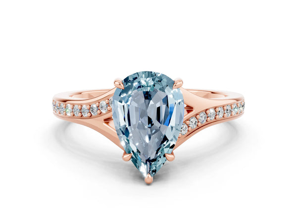Rose gold Pear Cut Aquamarine Solitaire Ring with Pavé Band and Prong Setting