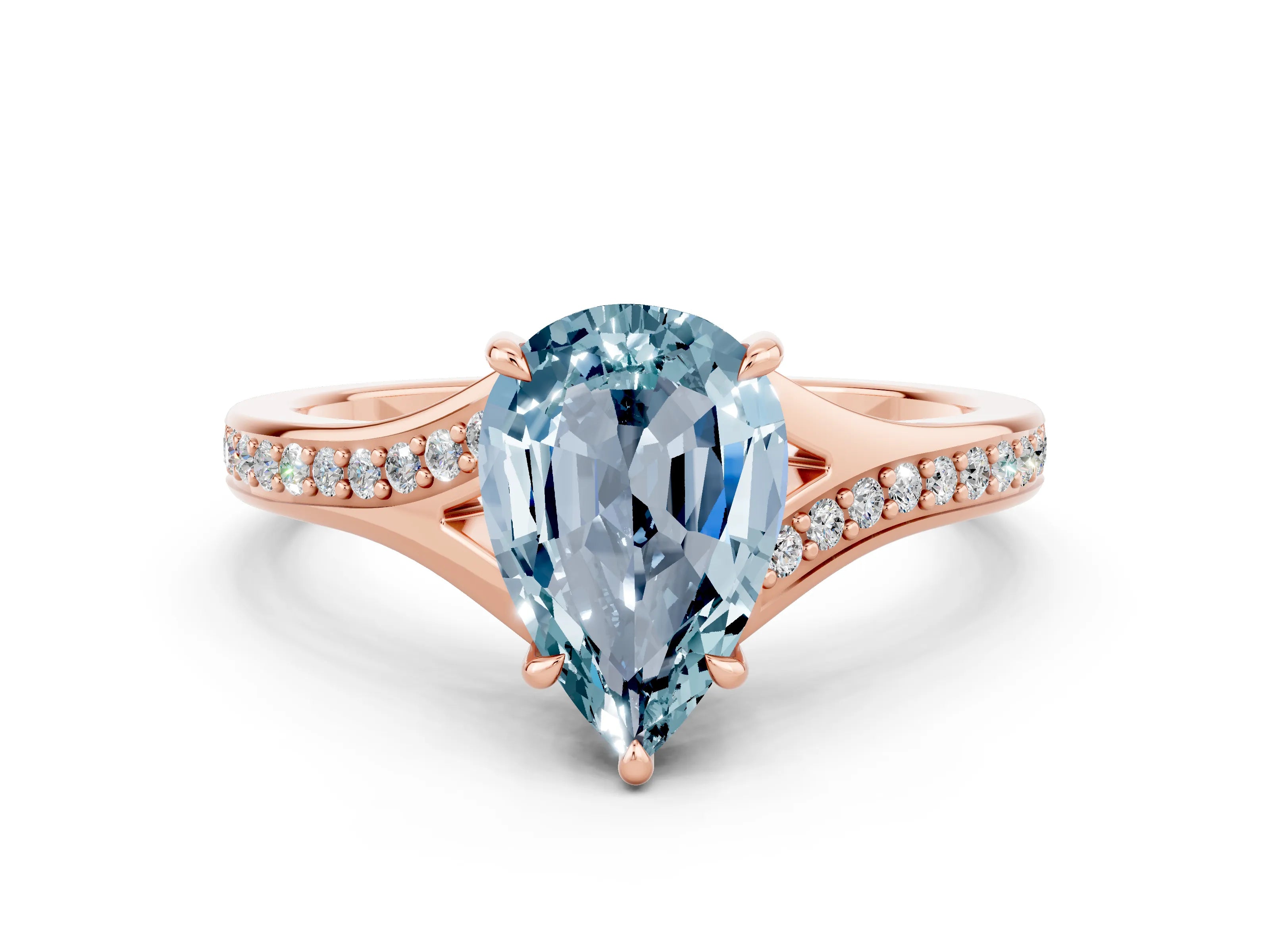 Rose gold Pear Cut Aquamarine Solitaire Ring with Pavé Band and Prong Setting_12