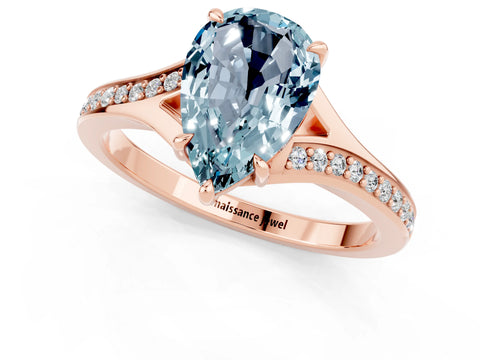 Rose gold Pear Cut Aquamarine Solitaire Ring with Pavé Band and Prong Setting_13