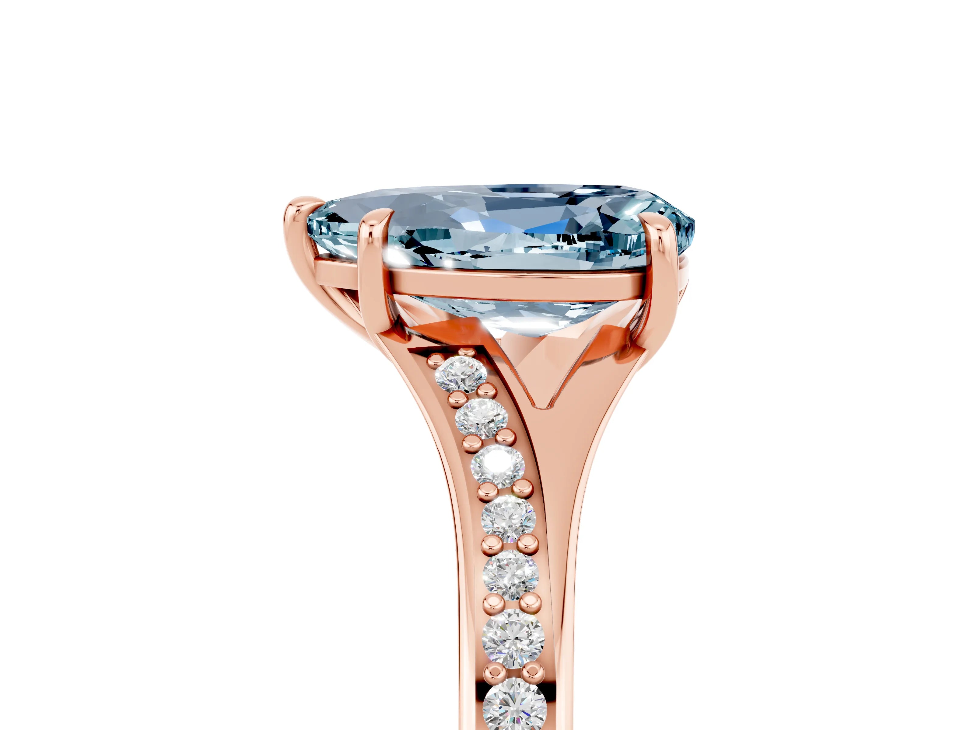 Rose gold Pear Cut Aquamarine Solitaire Ring with Pavé Band and Prong Setting_17