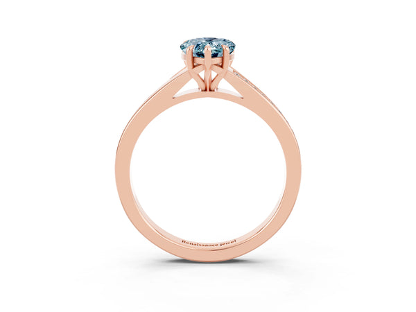 Rose gold Pear Cut Aquamarine Solitaire Ring with Pavé Band and Prong Setting