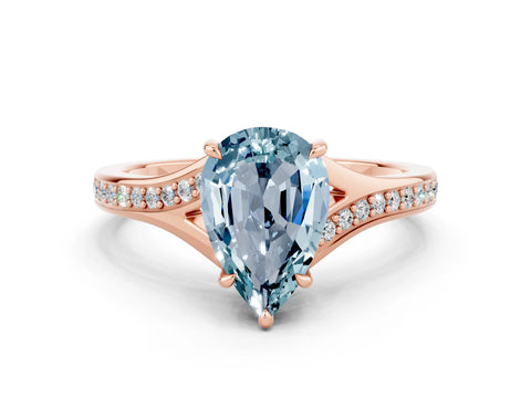 Rose gold Pear Cut Aquamarine Solitaire Ring with Pavé Band and Prong Setting