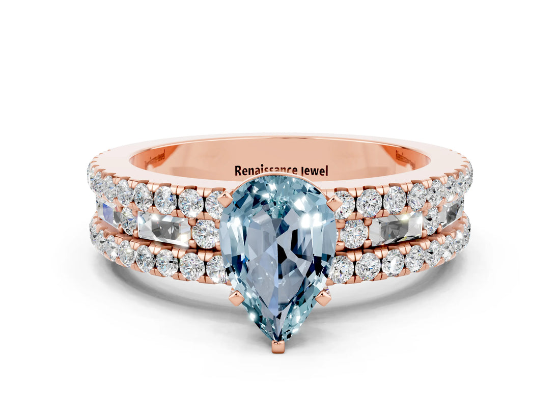 Rose gold Pear Cut Aquamarine Solitaire Ring with Pavé and Channel Set Band