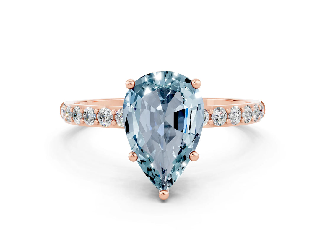 Rose gold Pear Cut Aquamarine Solitaire Ring with Pave Band and Four Prong Setting_12