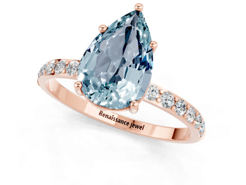 Rose gold Pear Cut Aquamarine Solitaire Ring with Pave Band and Four Prong Setting_13