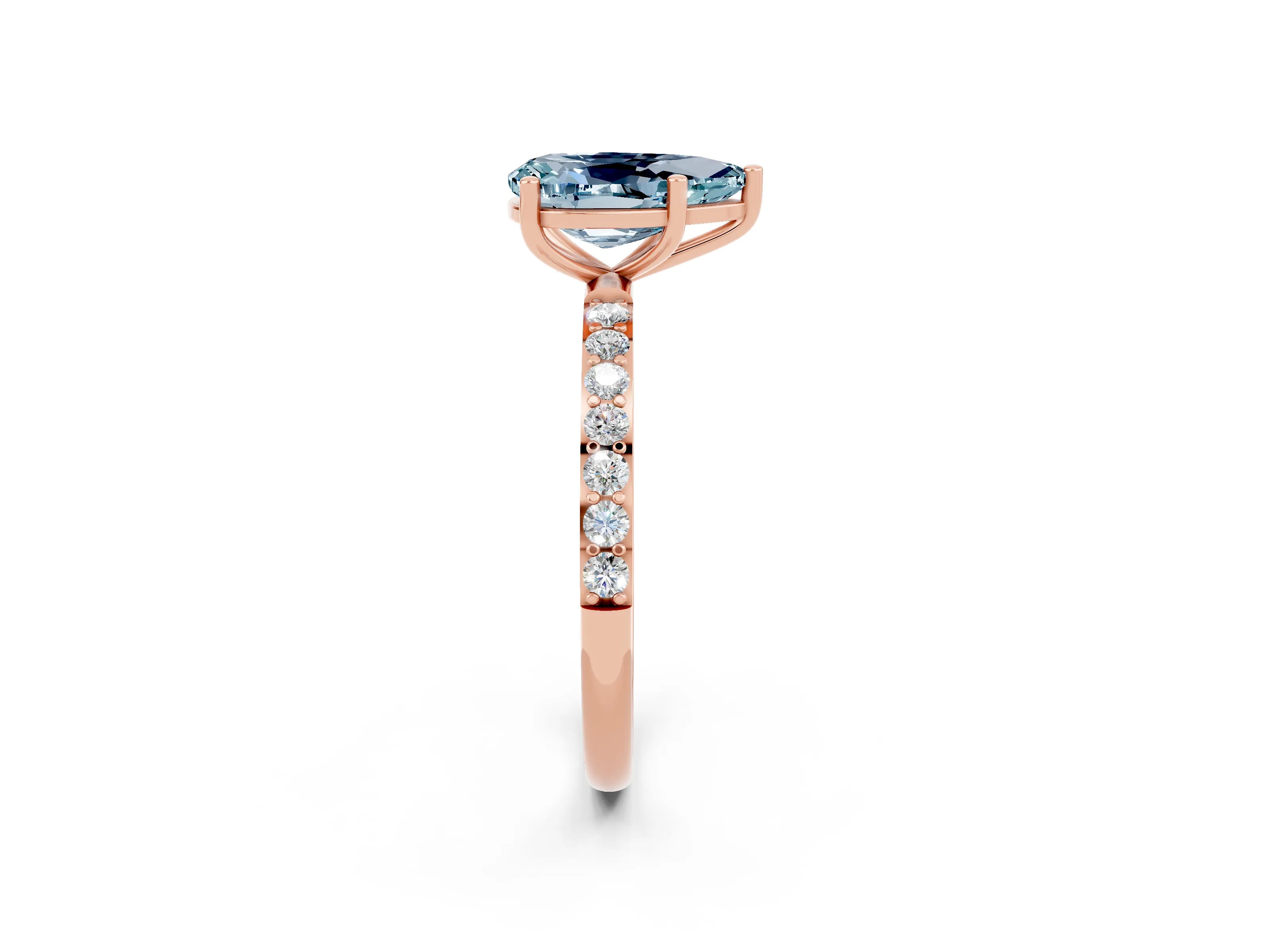 Rose gold Pear Cut Aquamarine Solitaire Ring with Pave Band and Four Prong Setting_14