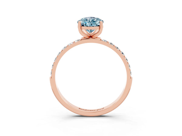 Rose gold Pear Cut Aquamarine Solitaire Ring with Round  Pavé Band and Prong Setting