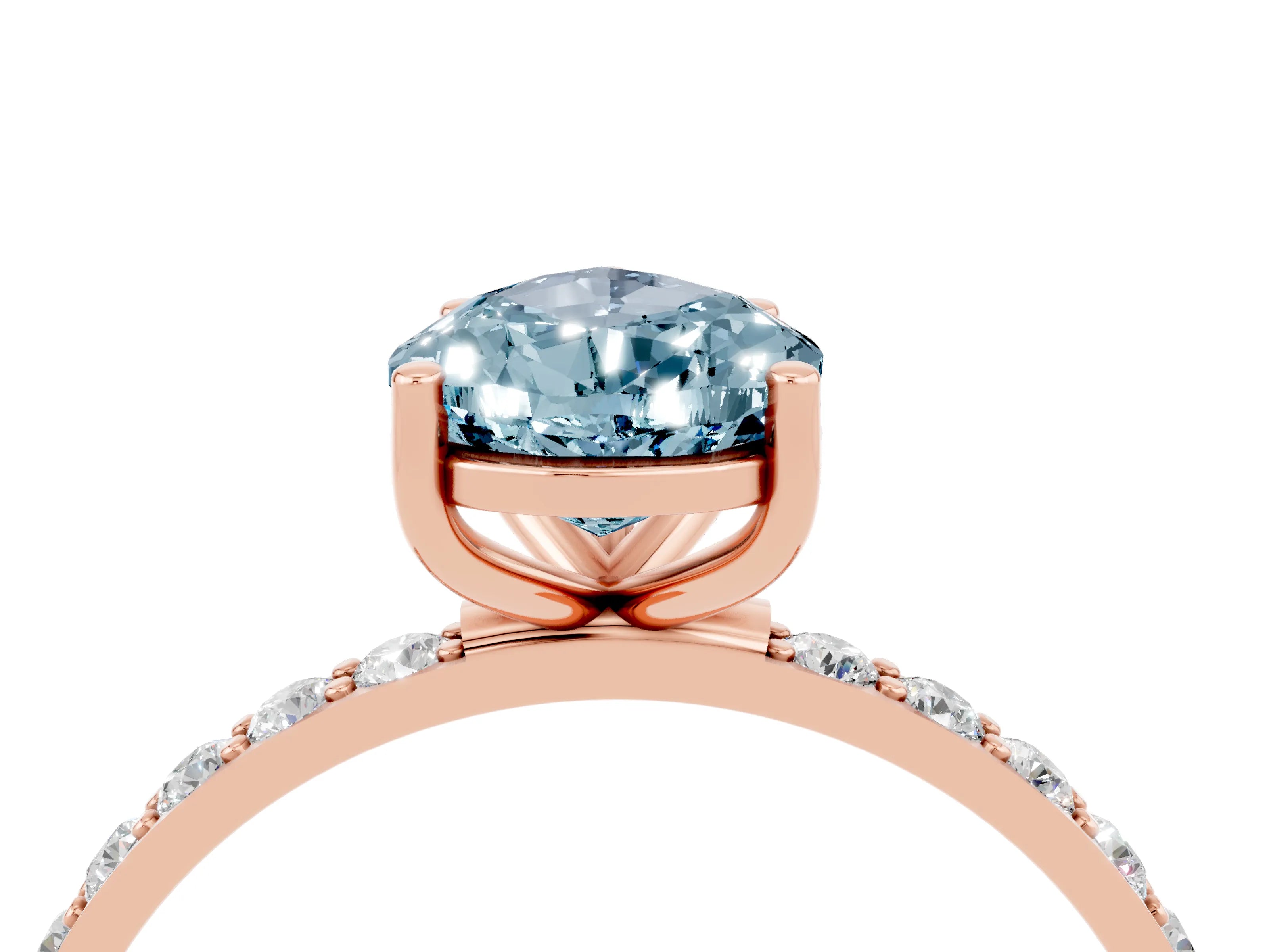 Rose gold Pear Cut Aquamarine Solitaire Ring with Pave Band and Four Prong Setting_16