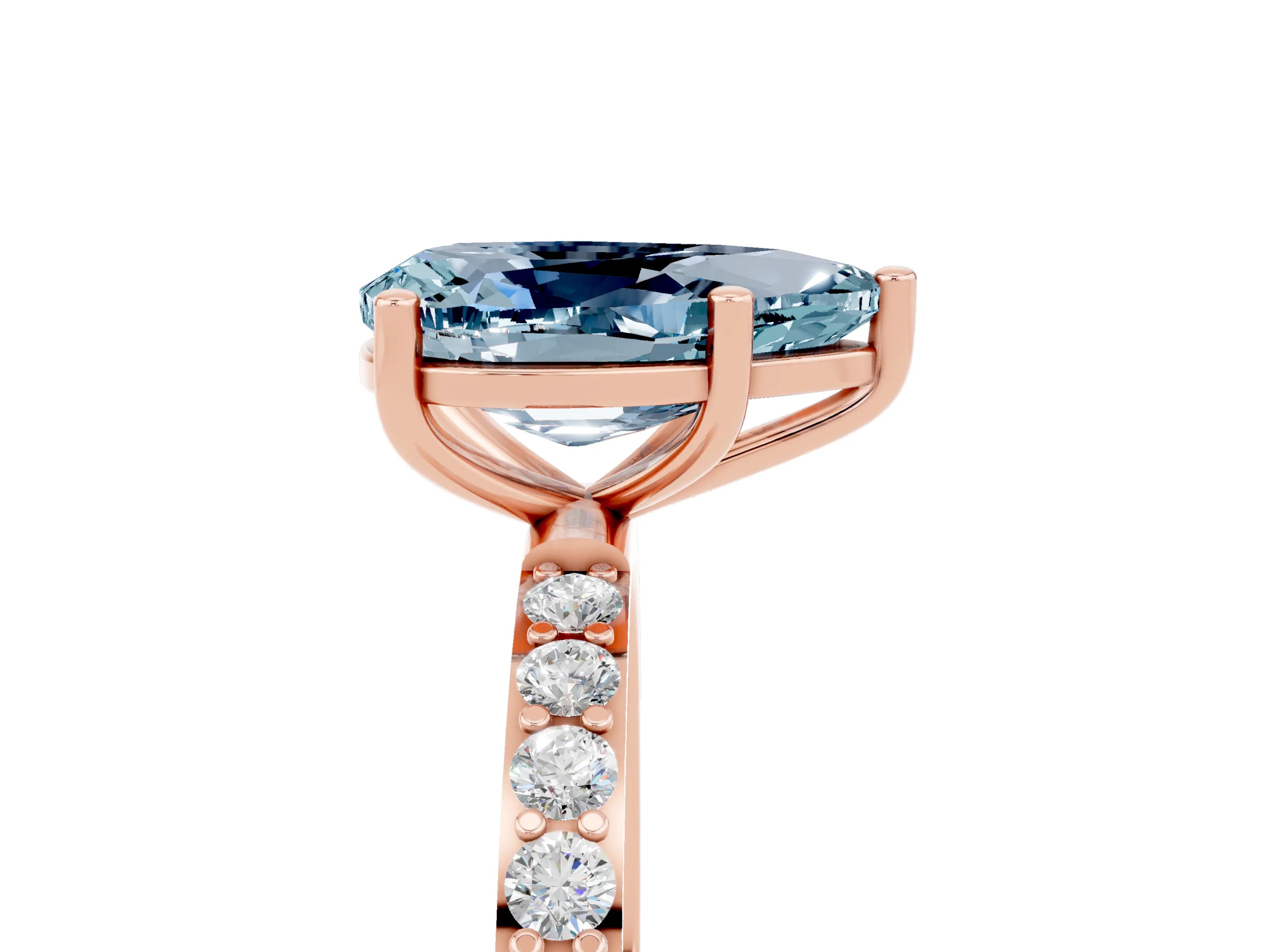 Rose gold Pear Cut Aquamarine Solitaire Ring with Pave Band and Four Prong Setting_17