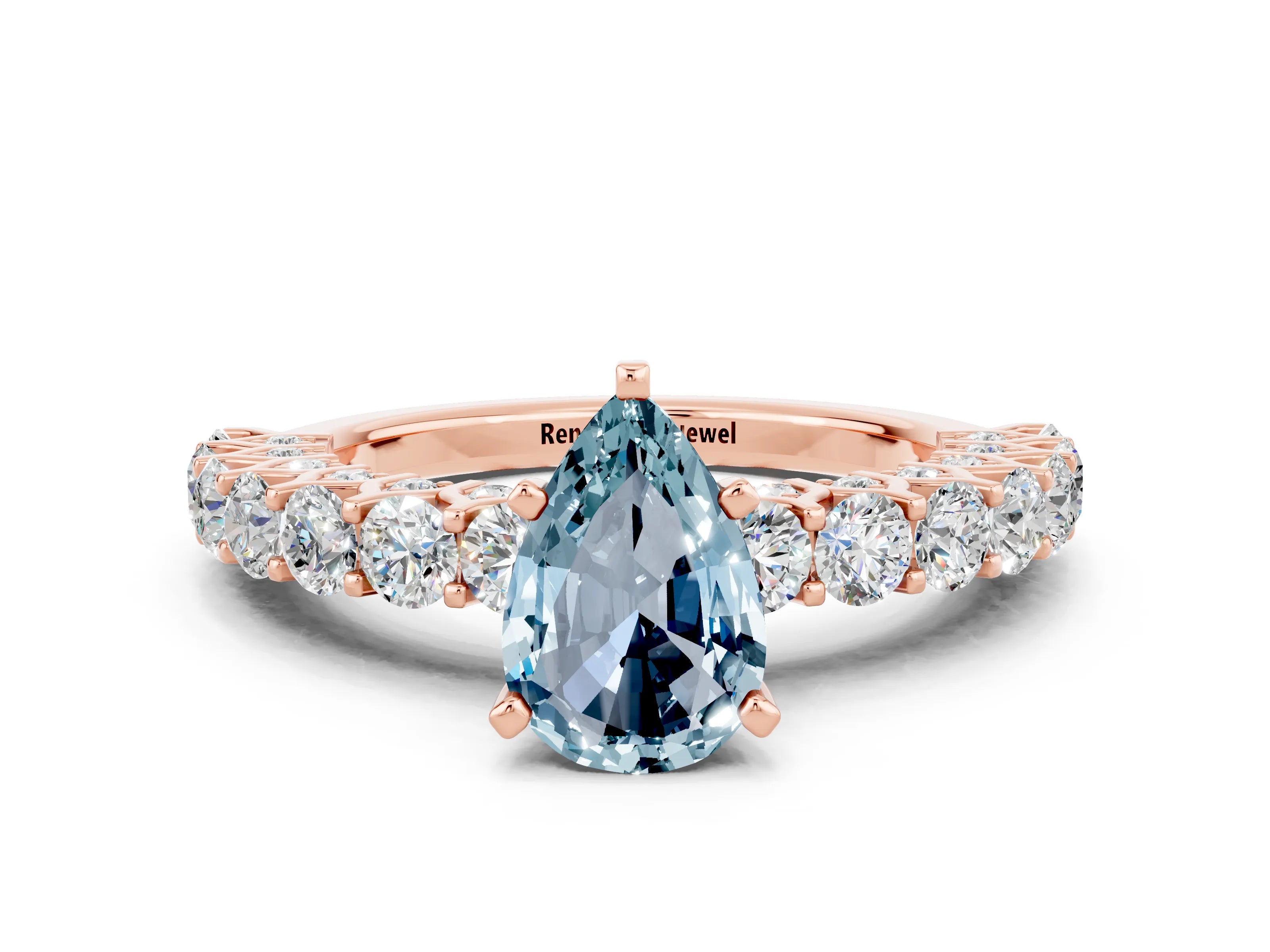 Rose gold Pear Cut Aquamarine Solitaire Ring with Shared Prong Pavé Band and Four-Prong Setting