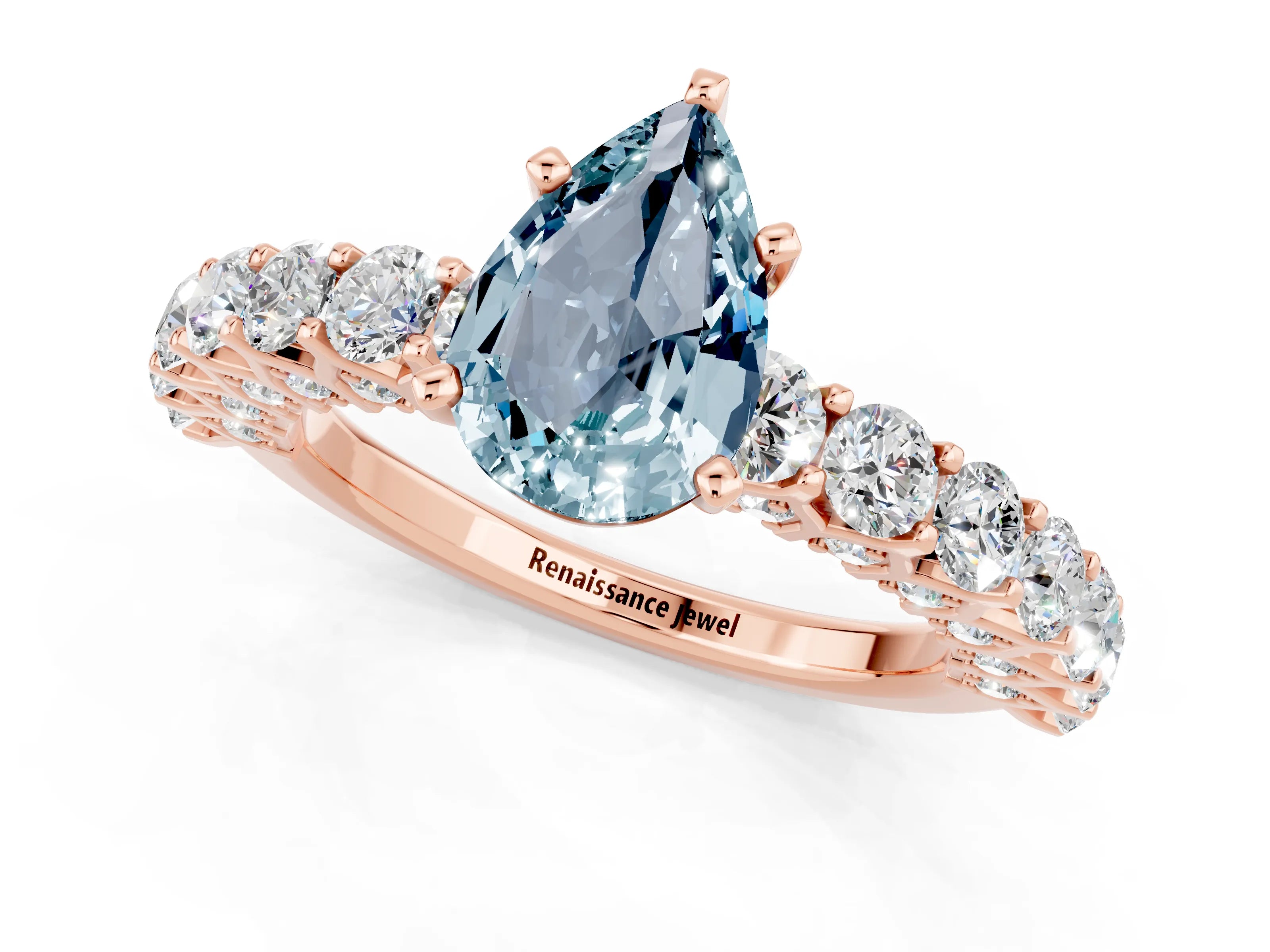 Rose gold Pear Cut Aquamarine Solitaire Ring with Shared Prong Pavé Band and Four-Prong Setting_1