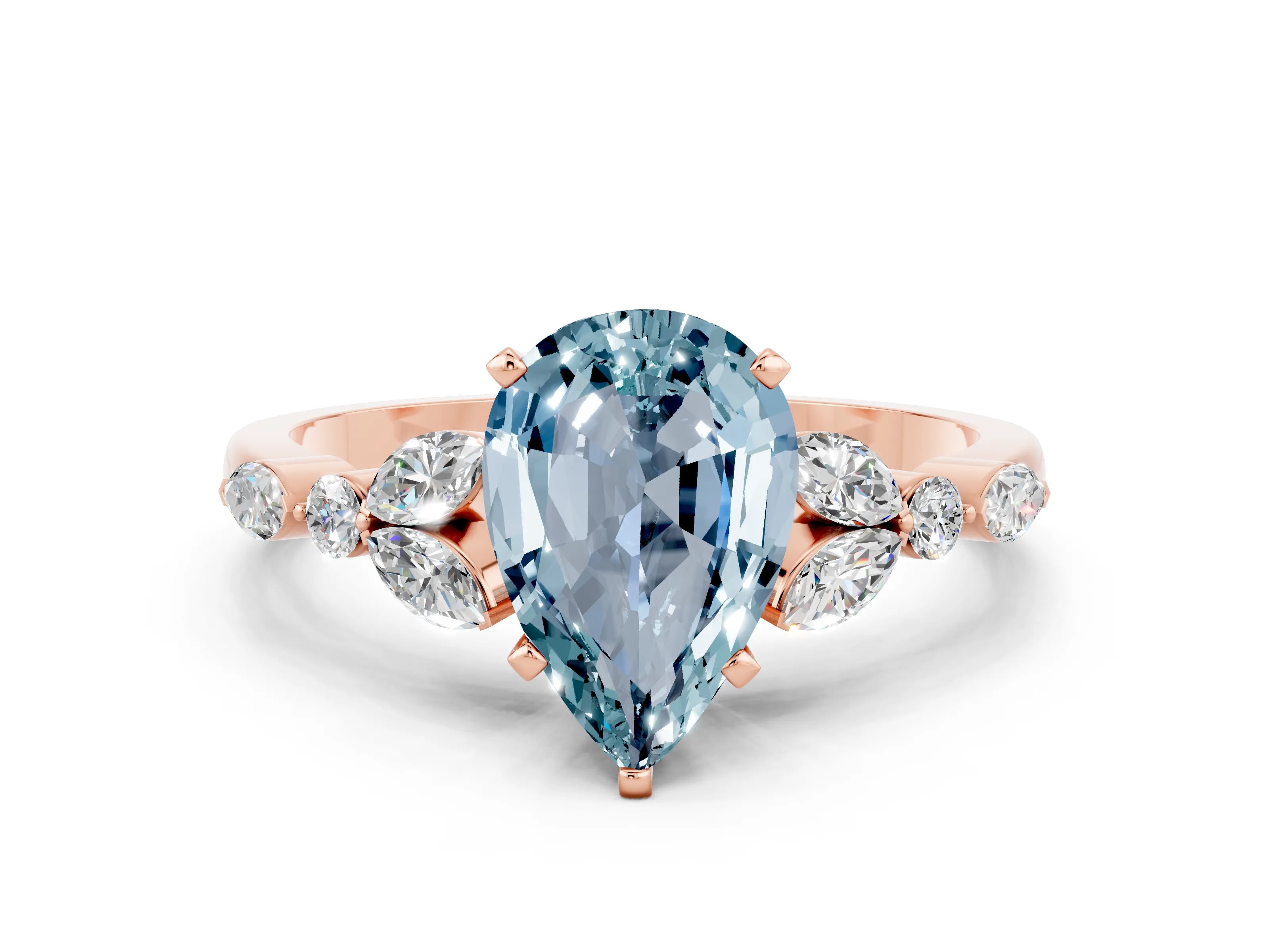 Rose gold Pear Cut Aquamarine Solitaire Ring with Side Stones and Four-Prong Setting_12