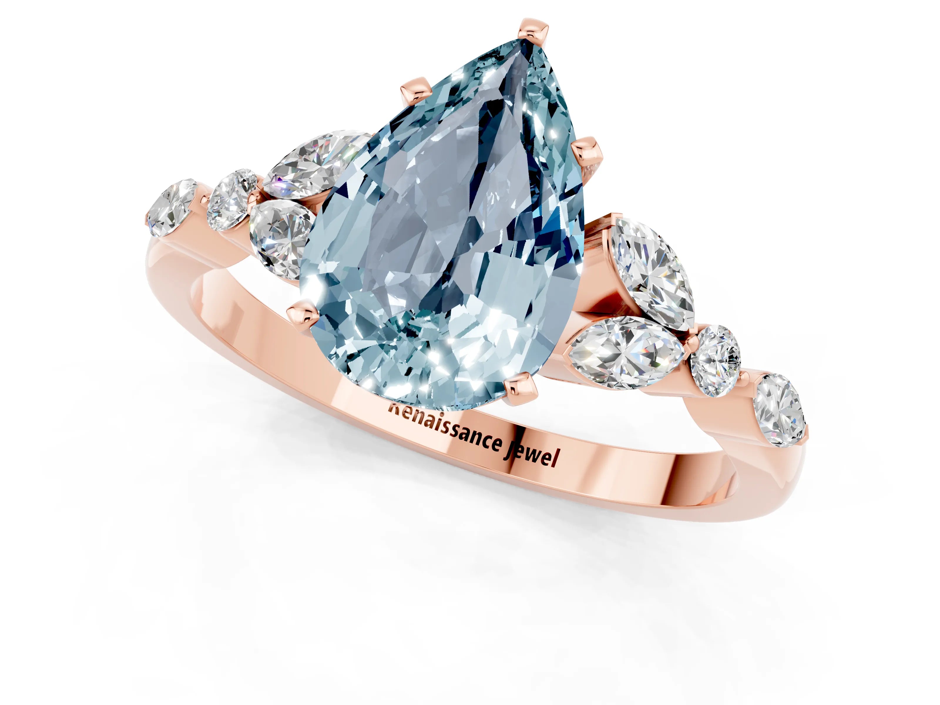 Rose gold Pear Cut Aquamarine Solitaire Ring with Side Stones and Four-Prong Setting_13