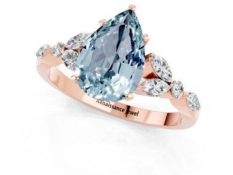 Rose gold Pear Cut Aquamarine Solitaire Ring with Side Stones and Four-Prong Setting_13